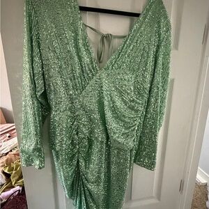 Fashion Nova Mint Green Sequin Wrap Long Sleeve Dress